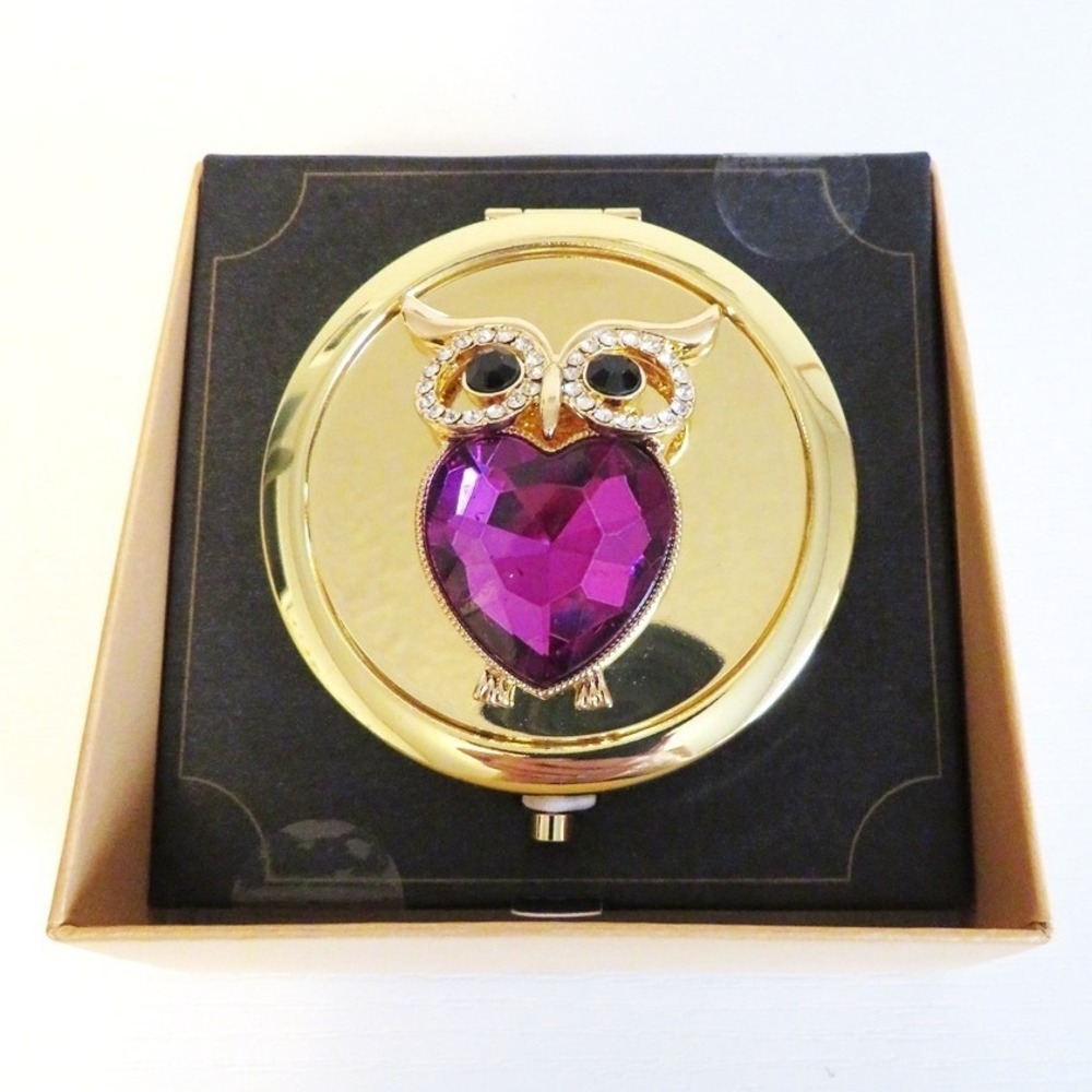 Beautiful Monet Gold Tone‎ Owl Compact Double Mirror NWT Jeweled Owl